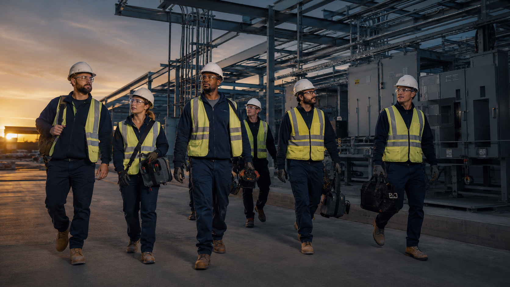 Electrical professionals reviewing equipment in a modern facility